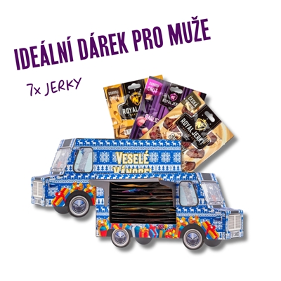 Vianočný modrý FOOD TRUCK plný sušeného mäsa (7x jerky) Vianočný modrý FOOD TRUCK plný sušeného mäsa (7x jerky)