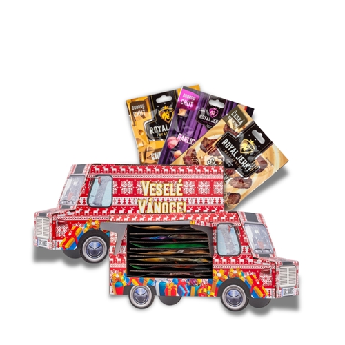 Vánoční červený FOOD TRUCK plný sušeného masa (5x jerky + 2x sýr) Vánoční červený FOOD TRUCK plný sušeného masa (5x jerky + 2x sýr)