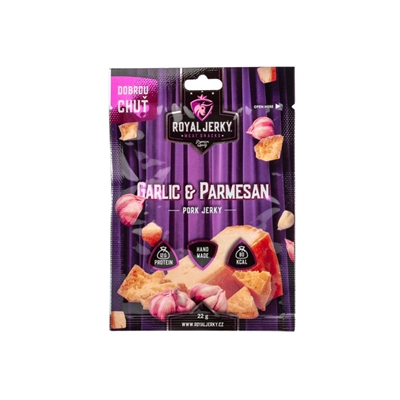 Royal Jerky: Garlic&Parmesan (vepřové sušené maso s příchutí česneku a parmezánu) 22g Royal Jerky: Garlic&Parmesan (vepřové sušené maso s příchutí česneku a parmezánu) 22g