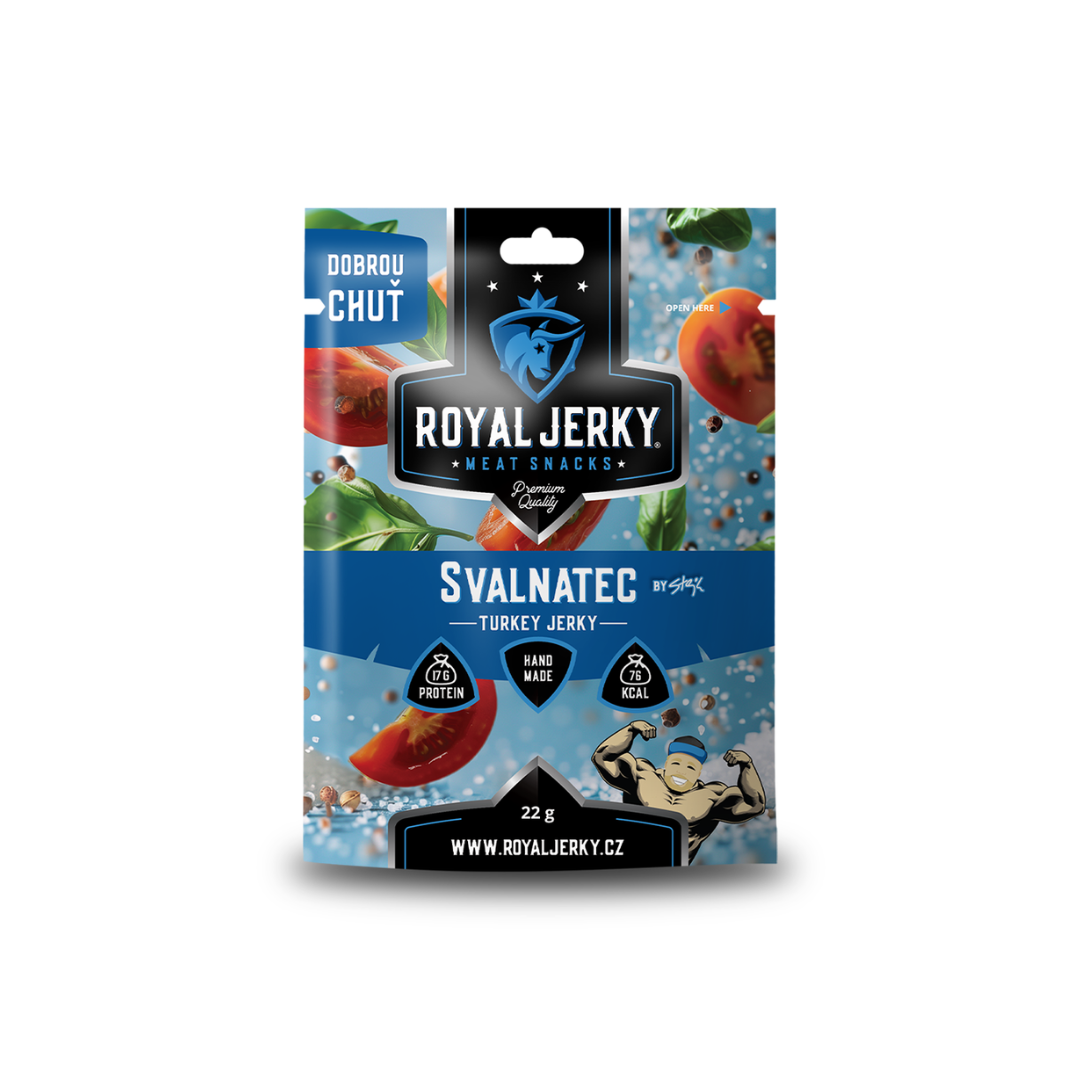 Royal Jerky: Svalnatec by Stejk 22 g (krůtí sušené maso s mořskou solí, rajčaty a bazalkou)